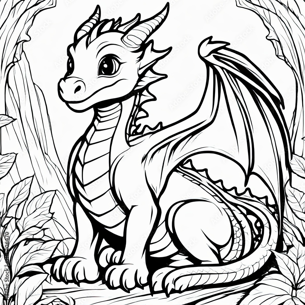 A line art black-and-white illustration of a cute Dragon A line art black-and-white illustration of a cute Dragon