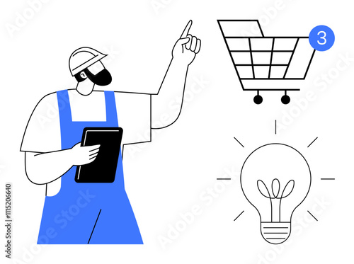 Construction worker in blue overalls holding tablet, pointing at shopping cart with three notifications and illuminated lightbulb. Ideal for business, technology, e-commerce, innovation