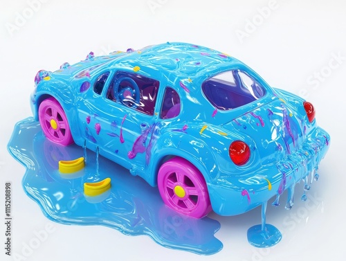 Toy Car Melts in Colorful Paint, Dripping Vivid Hues, Abstract Art