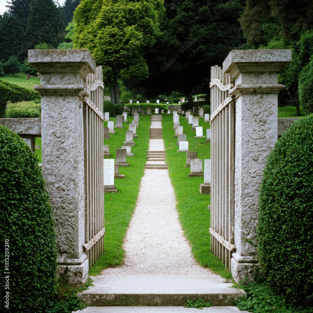 Naklejka premium Always loved and remembered. A serene pathway leading through a tranquil cemetery.
