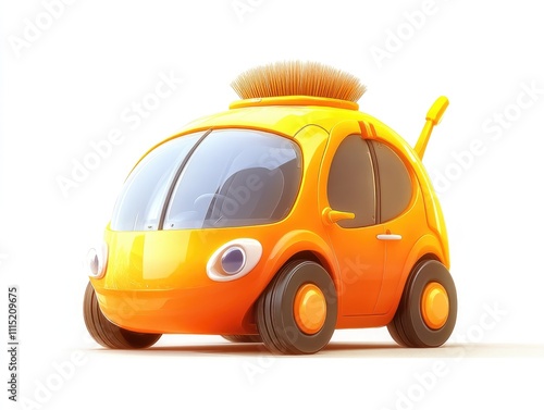 Adorable Orange Car Design: Features, Wheels, and Cute Brush.  A Whimsical Vehicle Illustration.