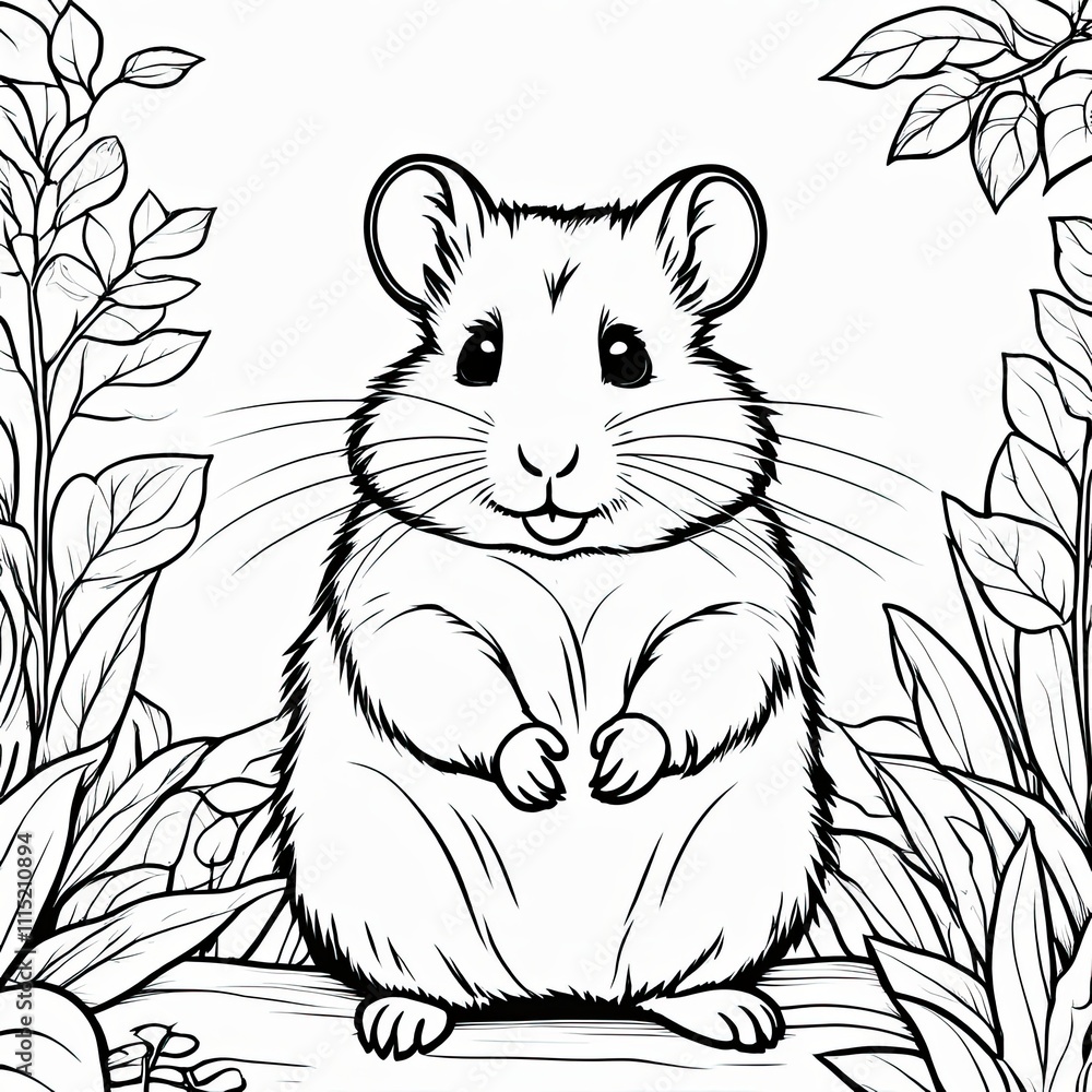 A line art black-and-white illustration of a cute hamster A line art black-and-white illustration of a cute hamster