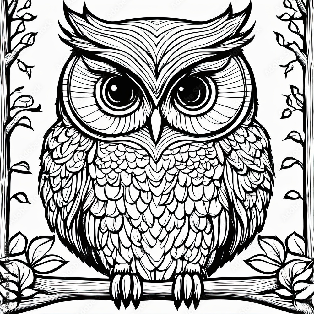 Fototapeta premium A line art black-and-white illustration of a cute Owl