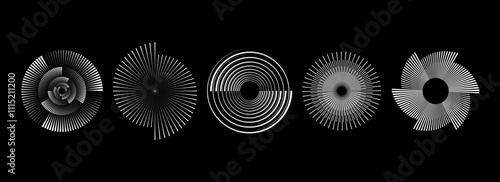 Radial spiral pattern set. Circular spinning speed lines form collection. Rotating circle sound wave concepts. Abstract sunburst ray and beam design element for icon, badge, logo, tag, label. Vector