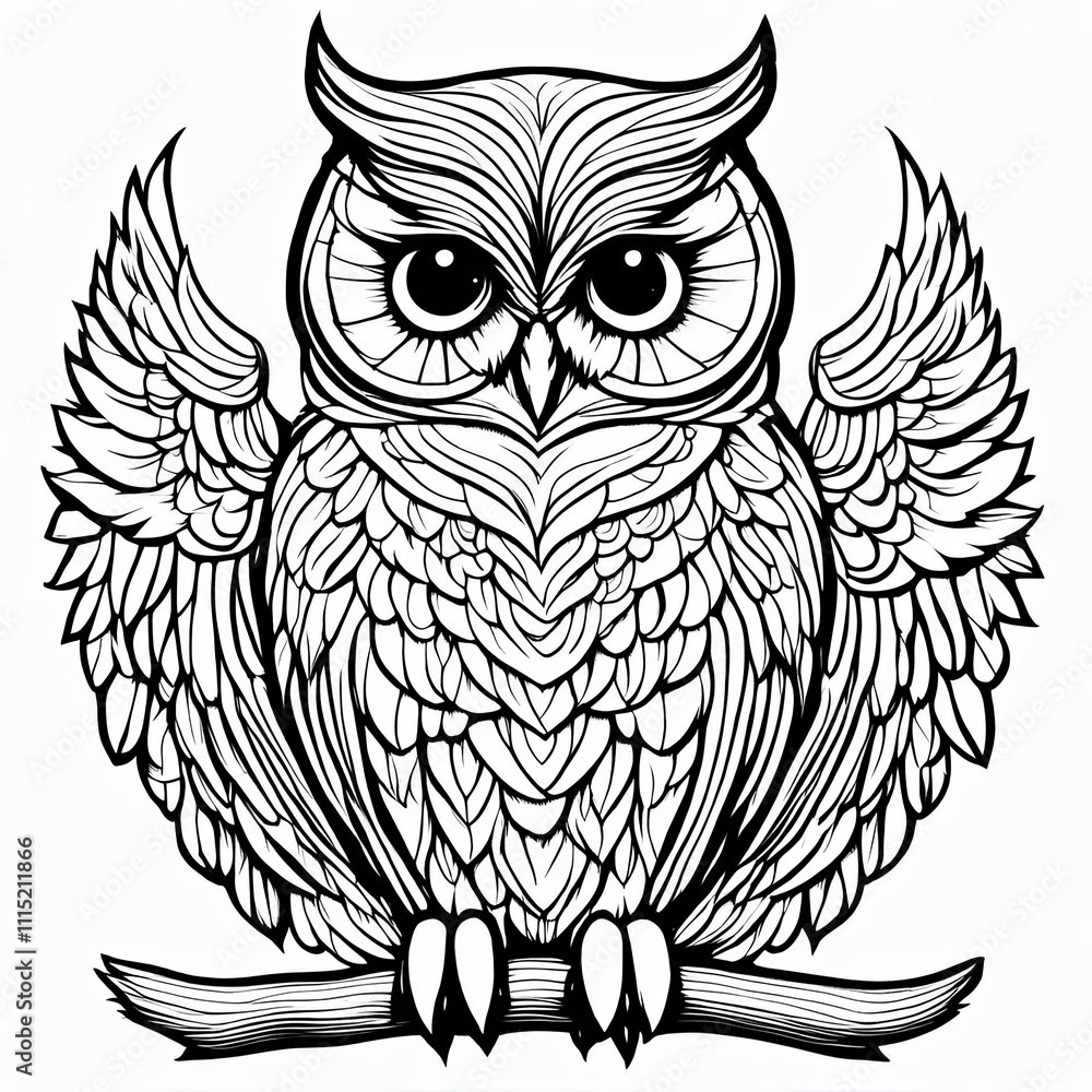 Obraz premium A line art black-and-white illustration of a cute Owl