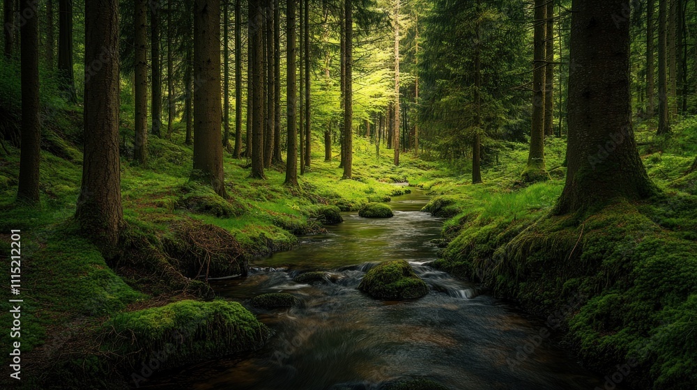 Obraz premium Tranquil Creek Through Lush Forest