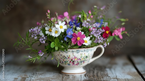 Wallpaper Mural Vibrant Wildflower Bouquet in Vintage Teacup Torontodigital.ca