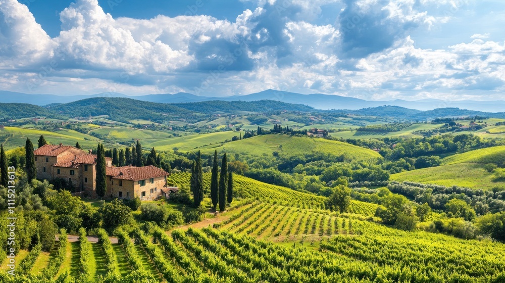 Fototapeta premium Tuscan Landscape with Vineyard and Farmhouse