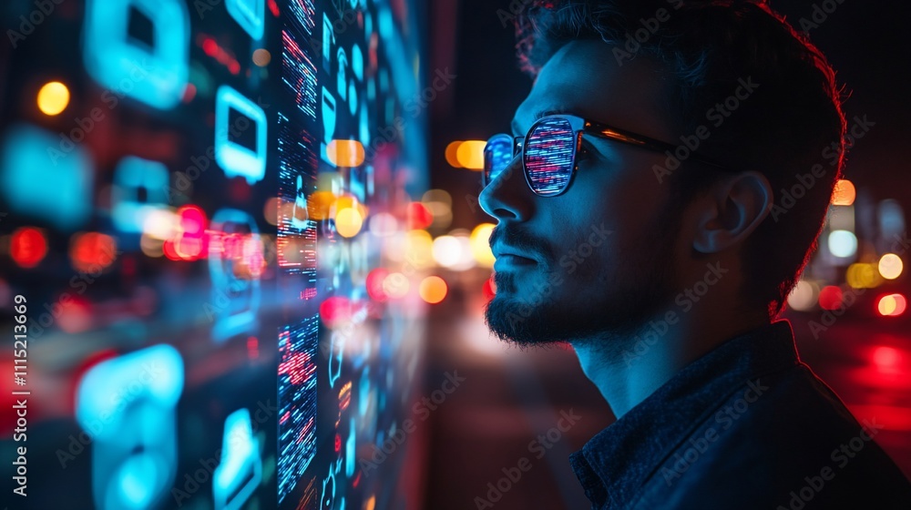 Obraz premium Focused man gazing at vibrant holographic display projections of data and icons on urban street.
