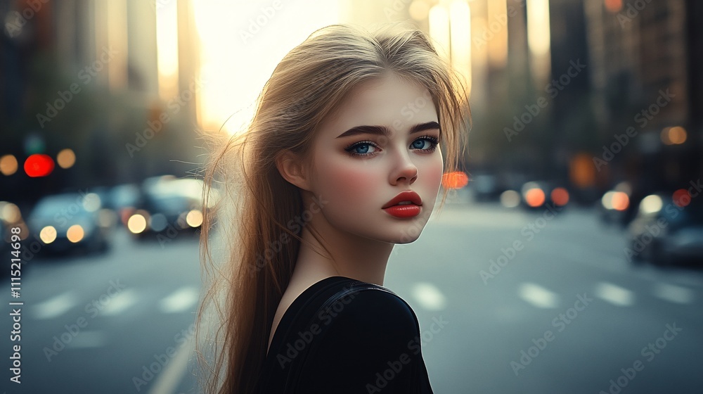 Fototapeta premium a fashion girl at the city walking in the street, a fashion editorial photo.