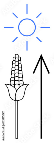 Sun above corn plant and upward arrow representing growth and agriculture. Ideal for farming, growth, positive change, nature, progress, sustainability, agricultural development. Line metaphor