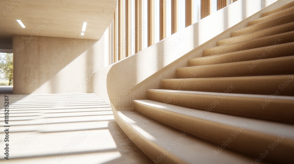 Obraz premium Elegant Minimalist Wooden Staircase in Sunlit Interior