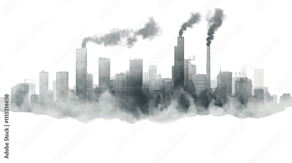 Fototapeta premium Smokeengulfed city skyline, a dramatic depiction of pollution, industrial haze or disaster aftermath