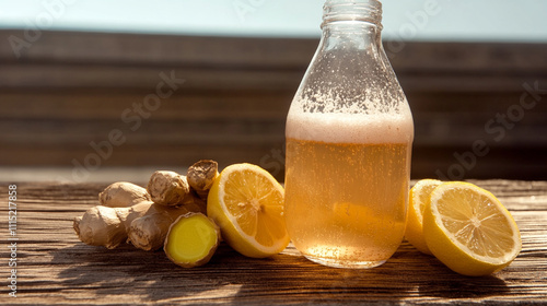 A frothy kombucha drink in a clear glass bott photo