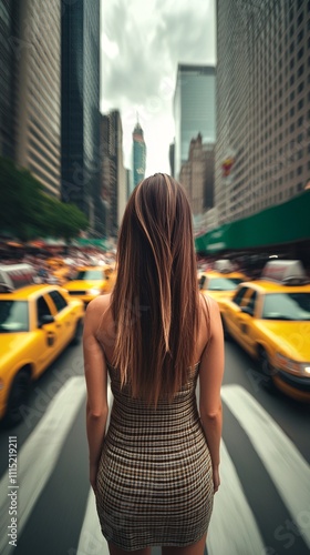 a beautiful woman walking confidently through a bustling crowd in New York City. She is wearing a stylish high fashion dress, blending modern elegance with professional flair.  photo