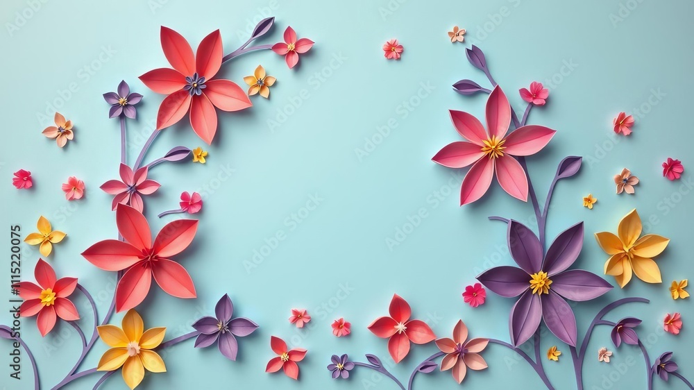Fototapeta premium Colorful papercut flowers in various shapes and sizes intricately arranged on a pastel blue background, art, intricate