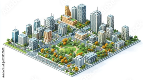 A modern cityscape in isometric showing parks, buildings, and roads in a clear layout.