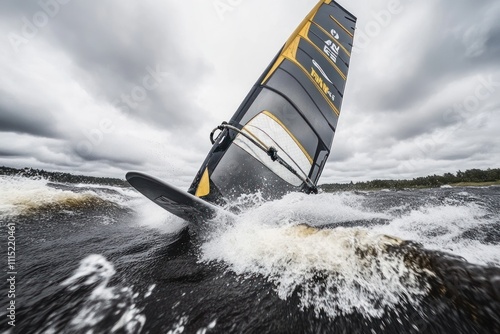 A windsurfer glides over water, creating splashes against a backdrop of cloudy skies. photo