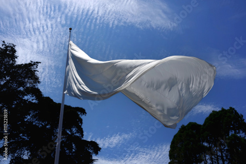 Large white flag waving high up