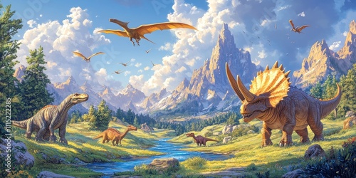 Dinosaurs Roaming A Prehistoric Mountain Valley Landscape