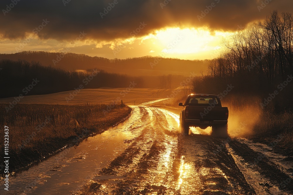 Fototapeta premium Sunset drive amidst scenic countryside reflective road rural landscape tranquil environment rear view journey of solitude