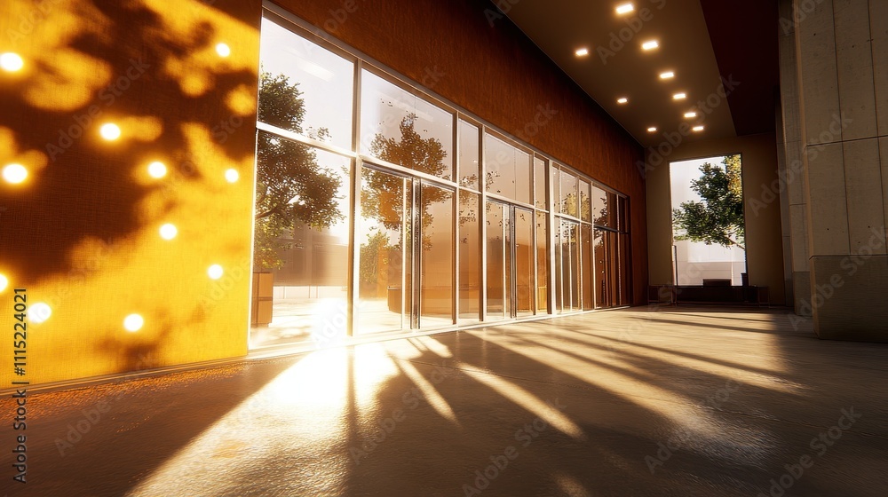 Fototapeta premium Sunlit Architectural Hallway with Reflective Surfaces