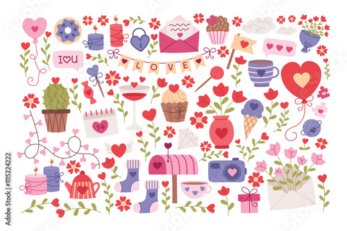 Love romantic elements for valentine's day Collection. Cute vector hand drawn flat style illustration set isolated on white background.