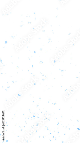 Blue snowflakes falling to the ground isolated on a transparent background, vertical composition.