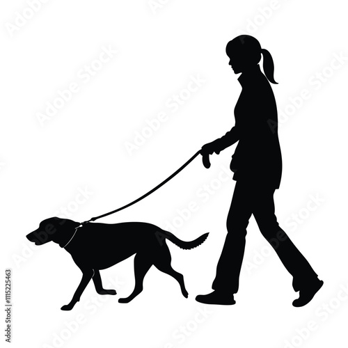 women walking her dog silhouette-vector isolated.