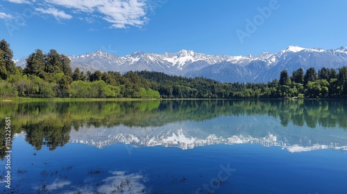 A serene, pristine lake with transparent water reflecting the surrounding snow-capped mountains and lush greenery