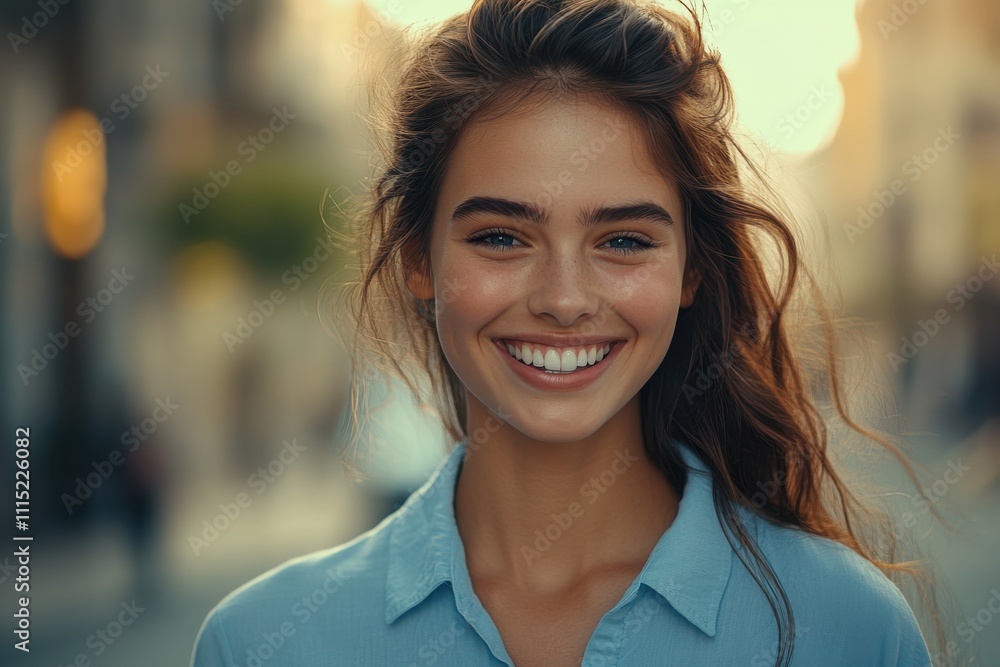 Young woman brunette wavy hair bright smile light blue button-up shirt outdoor setting Young woman brunette wavy hair bright smile light blue button-up shirt outdoor setting