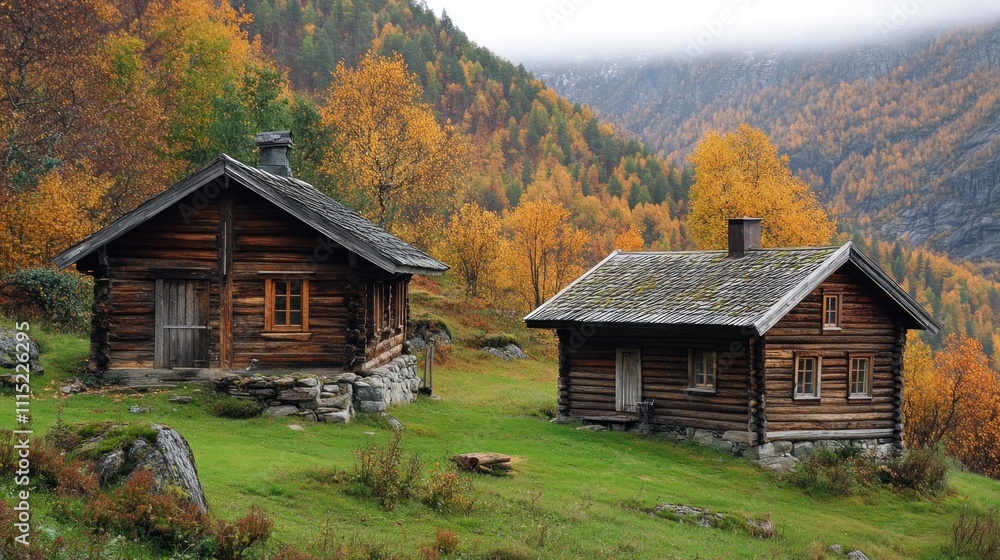 Two Rustic Cabins Amidst Autumnal Hills Two Rustic Cabins Amidst Autumnal Hills