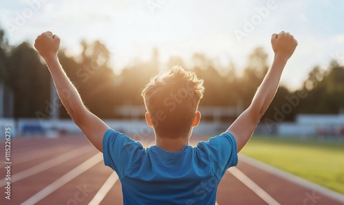 Boy victoriously raises arms on track. photo