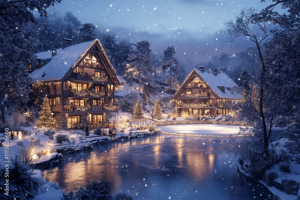 Fototapeta premium Medieval German style houses with wooden facades, illuminated Christmas lights, snow-covered trees, ice rink, winter night with falling snow, joyful New Year’s Eve atmosphere.
