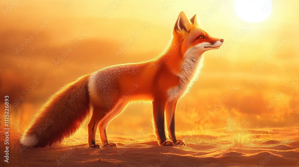Red fox standing in golden sunset light, bushy tail prominent. Perfect for wildlife, nature, or fantasy themes; evokes warmth and serenity. Red fox standing in golden sunset light, bushy tail prominent. Perfect for wildlife, nature, or fantasy themes; evokes warmth and serenity.