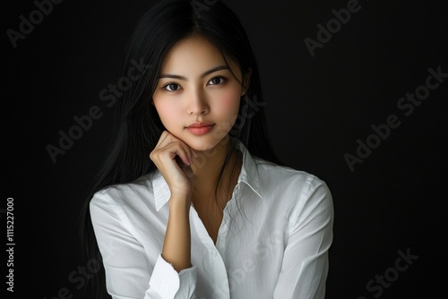 Asian woman white button-up shirt long black hair thoughtful pose hand on chin professional headshot photo