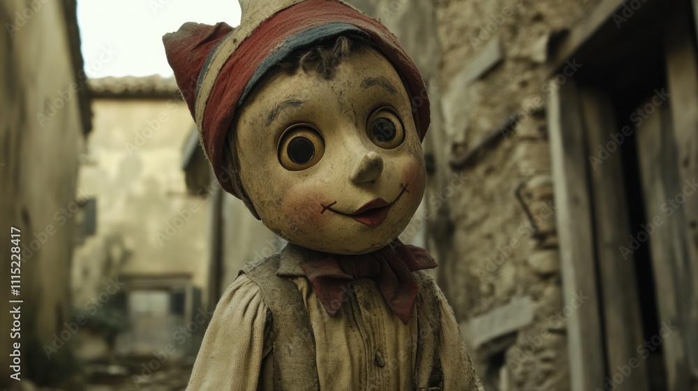 A wooden puppet with large eyes and a hat stands in a narrow, rustic alleyway. A wooden puppet with large eyes and a hat stands in a narrow, rustic alleyway.