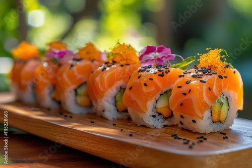 Colorful sushi rolls salmon nigiri wooden serving board vibrant orange fish black sesame seeds macro photography photo