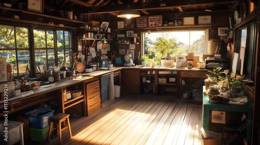 Fototapeta premium Cozy Rustic Kitchen Interior with Wooden Shelves and Vintage Cookware