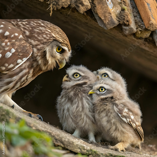 adult birds and little owl chicks Athene Noctua photo