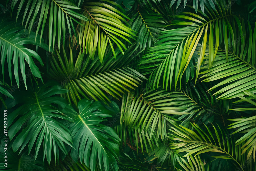 Obraz premium vibrant and thriving jungle filled with an abundance of green leaves. The leaves are large and varied in size, creating a lush and dense environment. The jungle is teeming with life