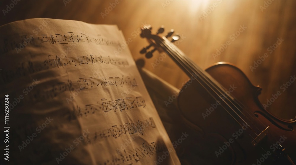 Fototapeta premium Classical music sheet notes that perfectly capture the ageless elegance and complex artistry of orchestral pieces are presented on a wooden stand.