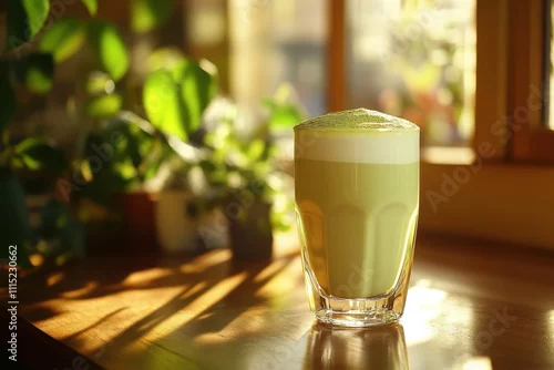Obraz Matcha latte creamy foam tall glass wooden table warm sunlight window reflections