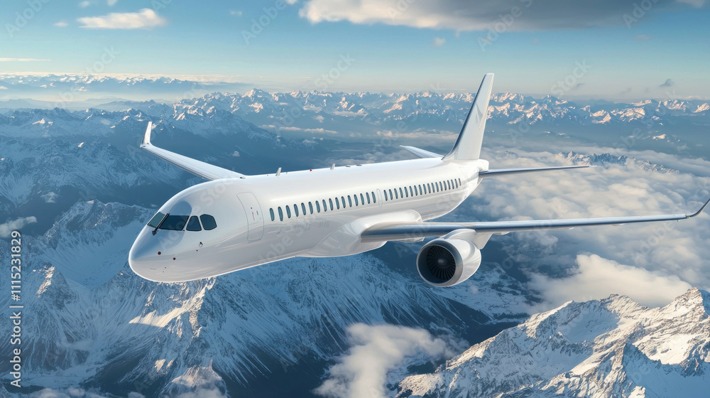 Naklejka premium A sleek airplane glides gracefully amidst the clouds, its wings reflecting the warm hues of twilight. Snowy peaks provide an enchanting backdrop, embodying the spirit of exploration and travel