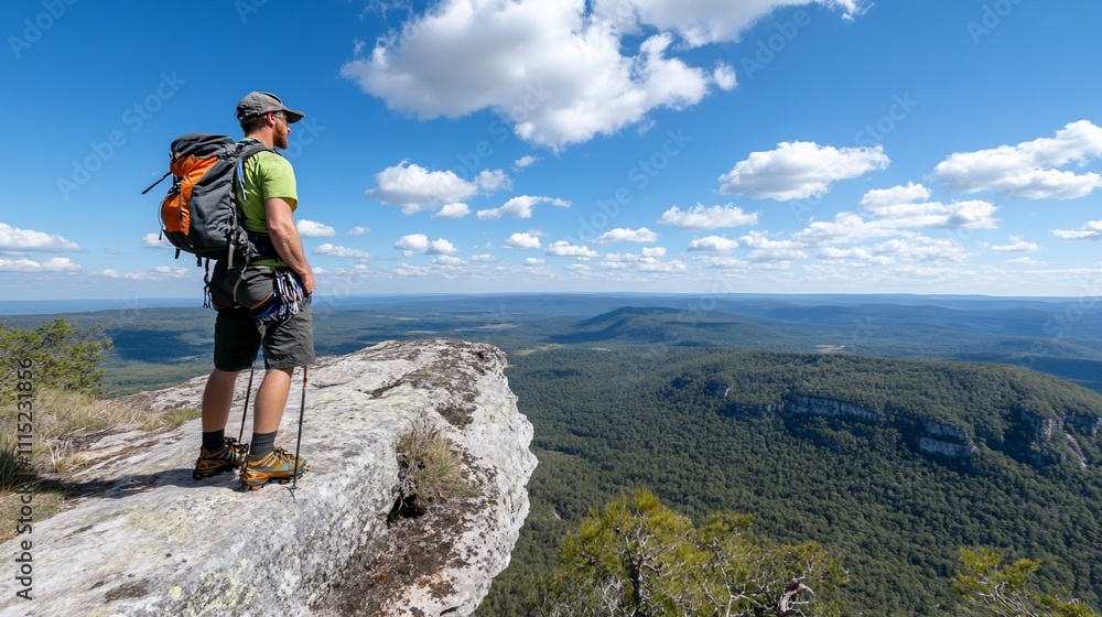 Fototapeta premium Hiker on mountaintop overlooking vast valley.