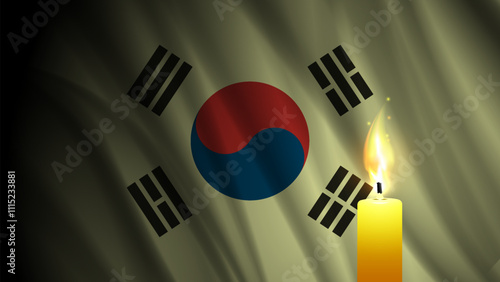 Vector dark wavy flag of Republic of South Korea. Seoul. Brightly burning candle. Mourning and sadness. Banner of suffering.