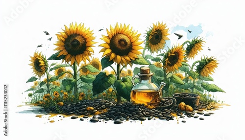 Sunflowers Seed Oil plantsation in watercolor illustration with loose and fluid forms,