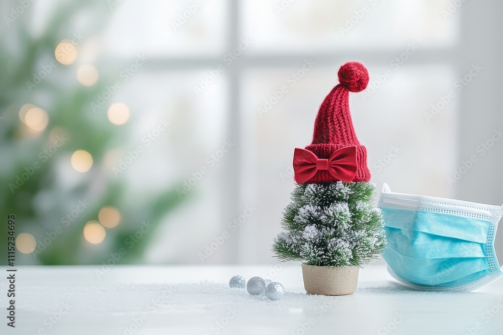 Fototapeta premium Small Christmas Tree Toy in Red Hat and Bow on Table with Blue Medical Mask and Bokeh Effect. Minimalist White Background.