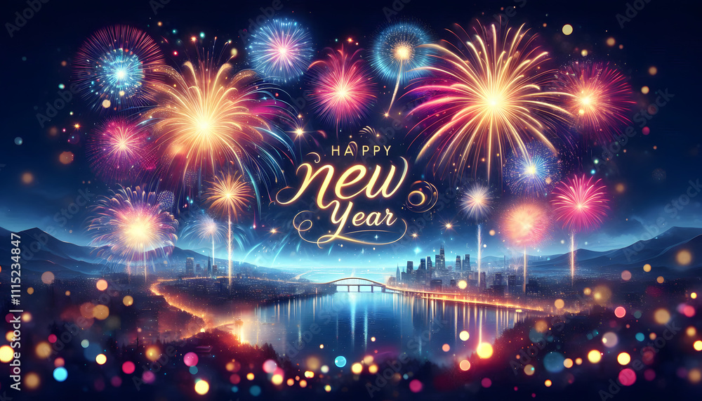 Vibrant Fireworks Shaping 'Happy New Year'