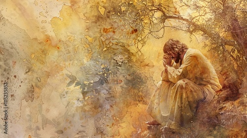 Jesus in prayer in the Garden of Gethsemane solemn gold watercolor tones